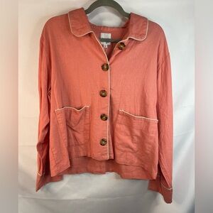 Linen blend coral jacket, loose fitting with adorable piping and pockets!